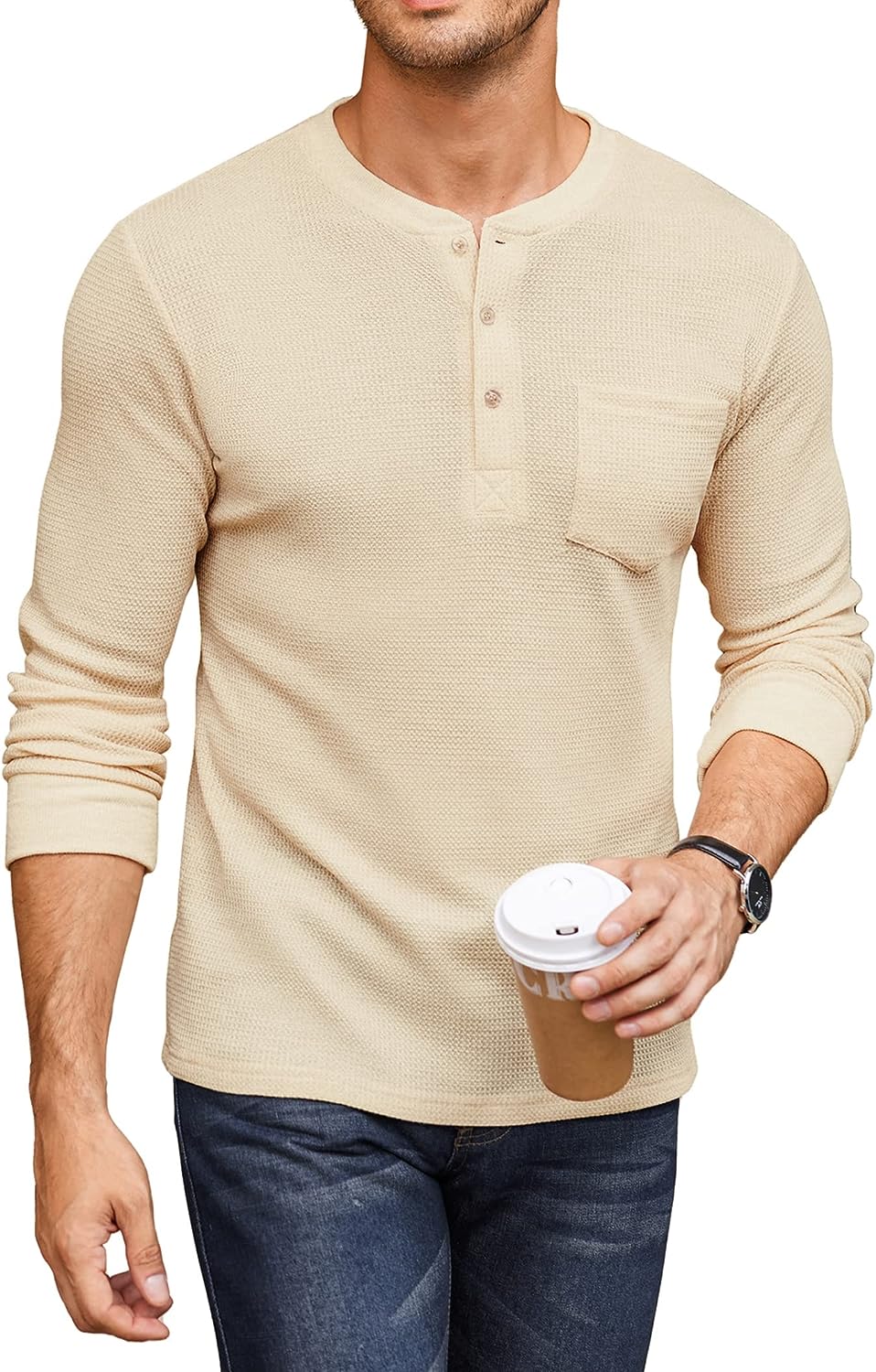 COOFANDY Men's Henley Shirts Long Sleeve Basic Waffle Pique Pullover T-Shirt  wit