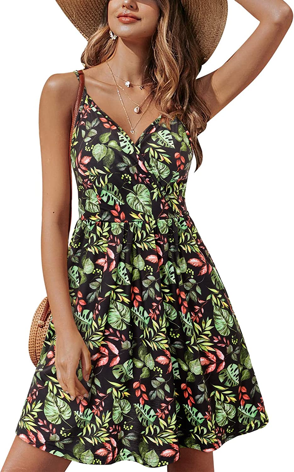 STYLEWORD Women's Floral Summer Dress V Neck Spaghetti Strap Casual Dress  with Pockets : : Clothing, Shoes & Accessories