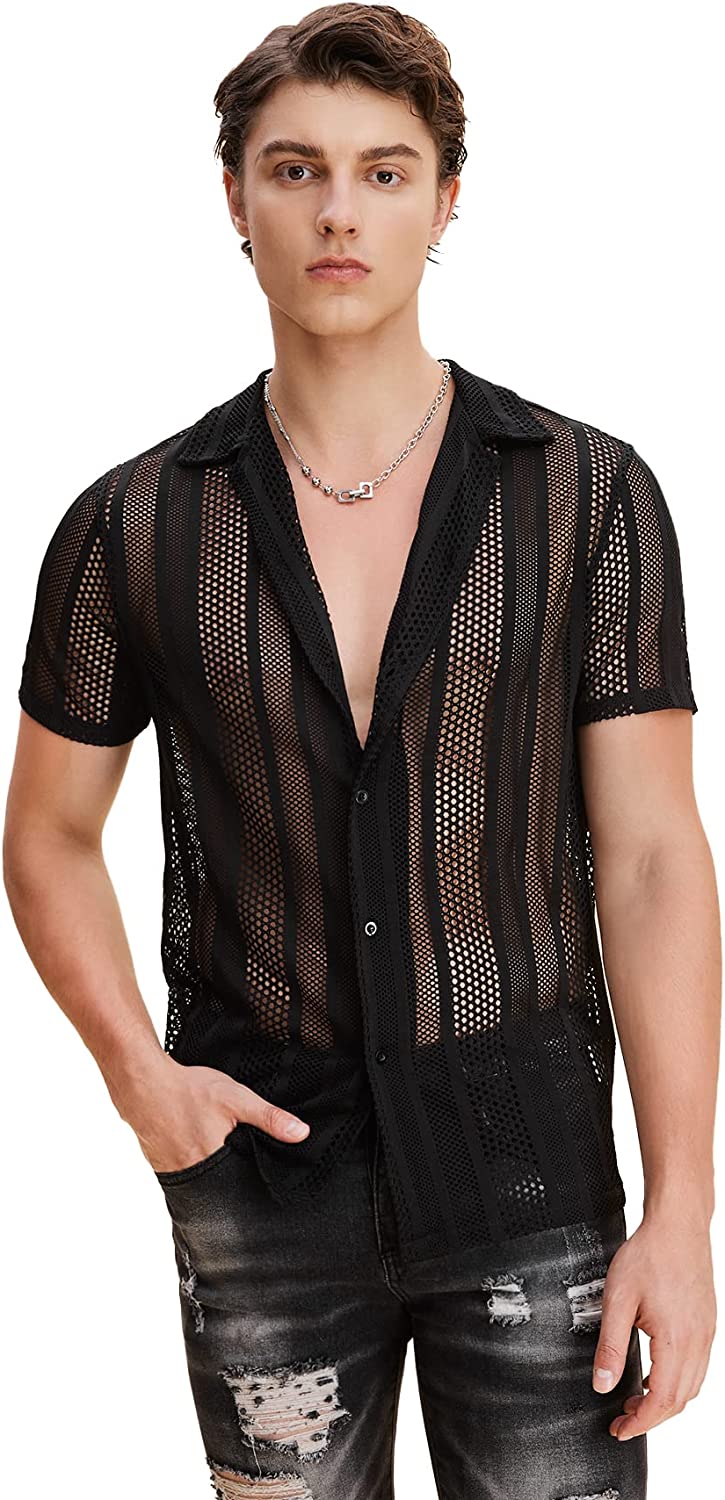 WDIRARA Men's Floral Print Sheer Mesh Sleeve Top T Shirt Notched V Neck  Club Tee Black Floral XS