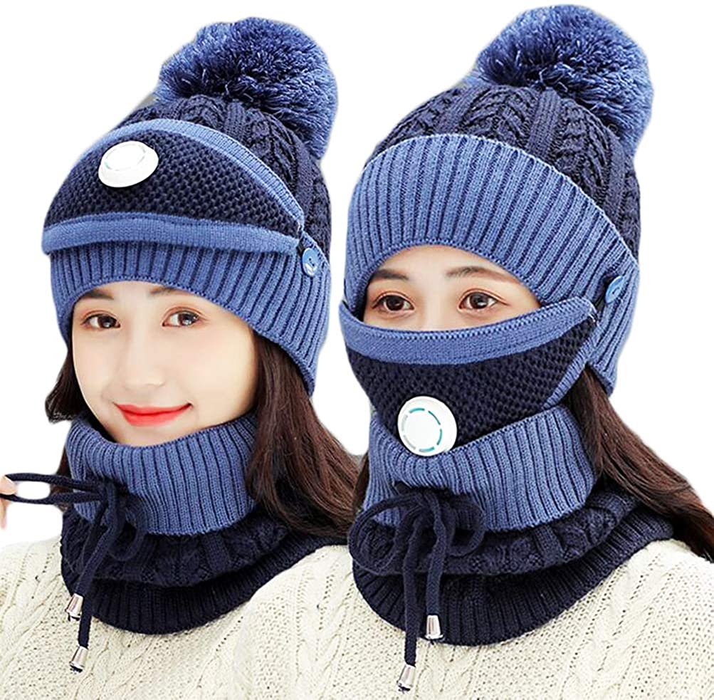 Fleece Lined Womens Beanie Knit Hat,Winter Scarf Mask Set for Women,Girls Warm Hat Earmuffs Cap with Pom 
