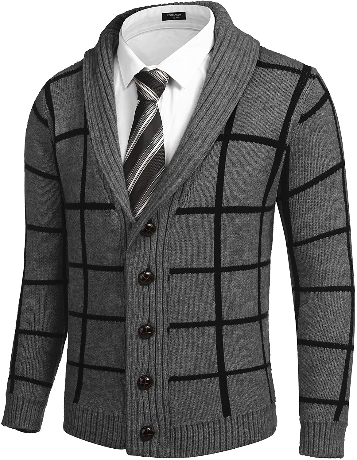 COOFANDY Men's Shawl Collar Cardigan Sweater Button Front Plaid Knitted ...