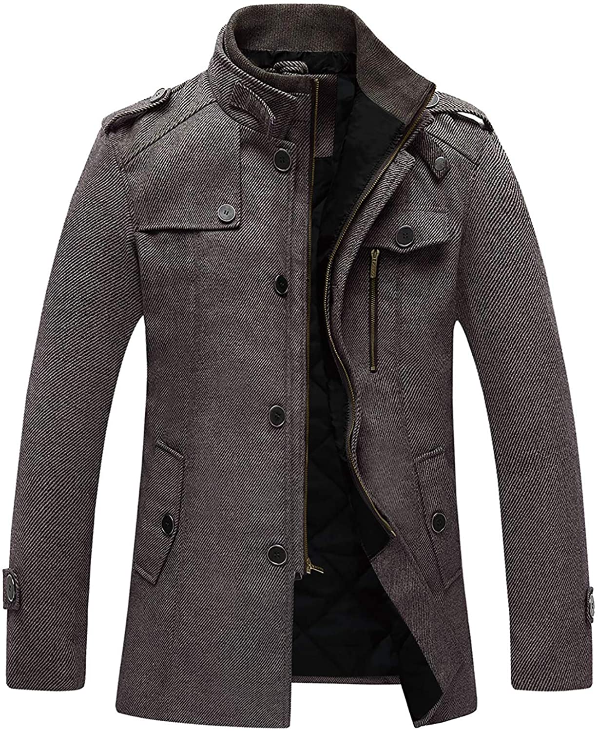 INVACHI Mens Winter Wool Coat Single Breasted Stand Collar Slim Fit Stylish Jacket Pea Coat