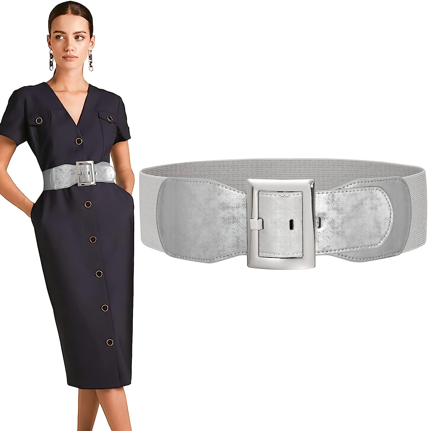 SUOSDEY Wide Elastic Belt for Women, Stretch Cinch Waist Belt for Ladies Dresses with Metal Buckle