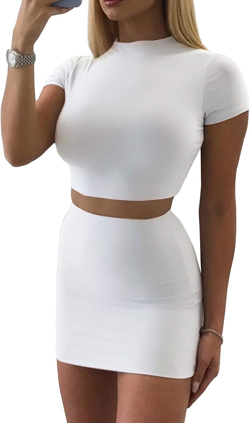 SINRGAN Womens Casual 2 Piece Short Sleeve Crop Top Bodycon Skirt Set White 