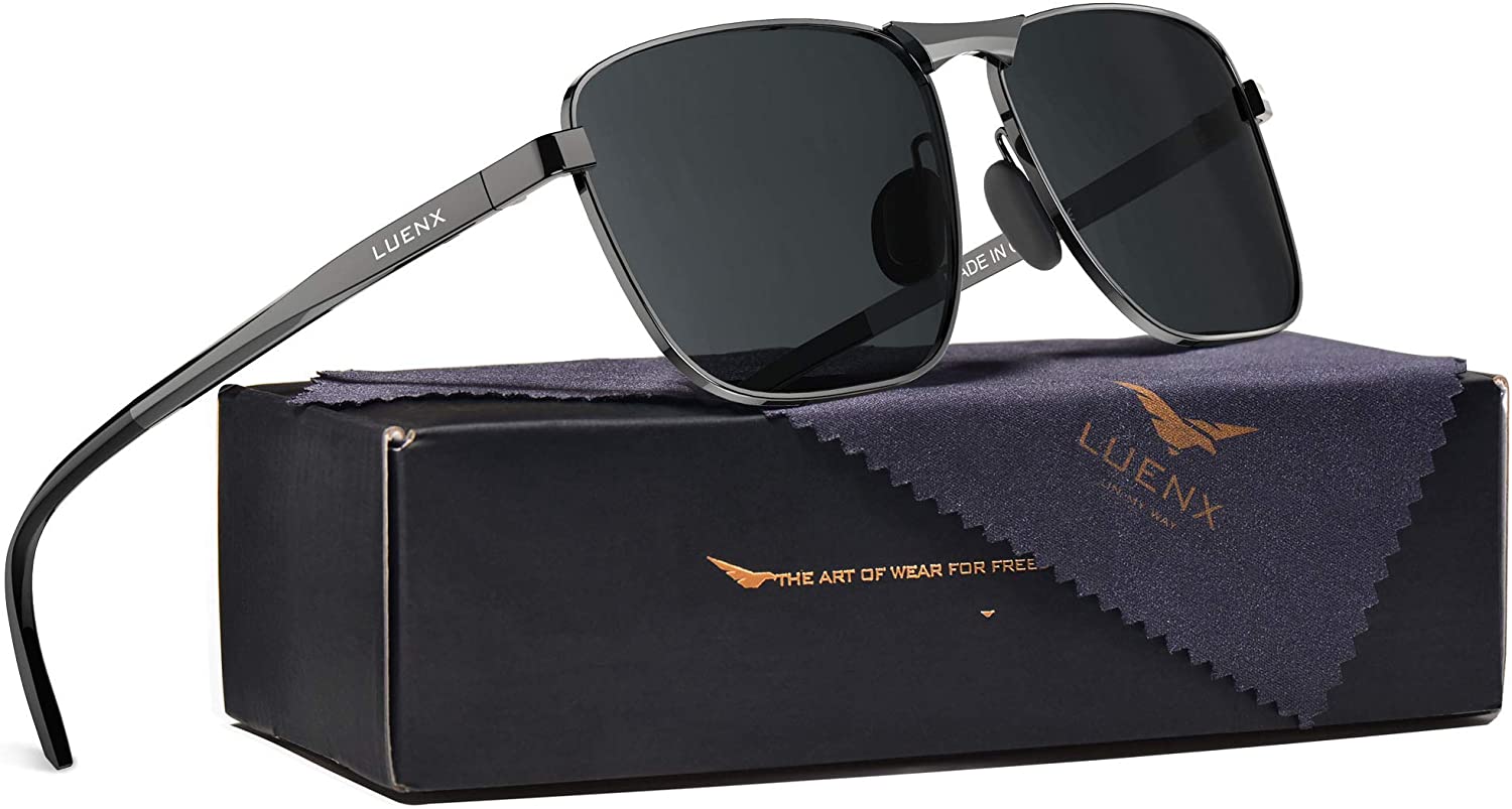 LUENX Men Women Sunglasses Rectangular Polarized Lens Retro Pilot Shades UV 400 Protection 