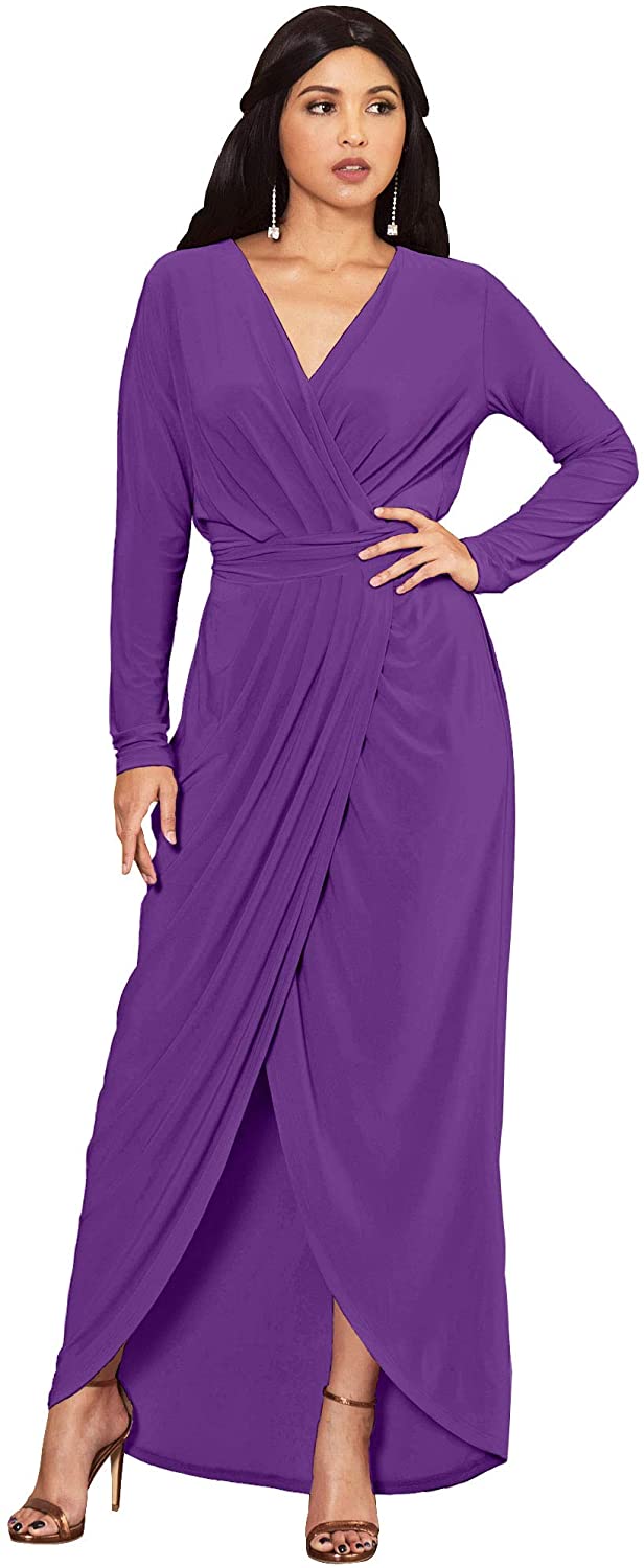 KOH KOH Womens Long Sleeve Formal Wrap Draped Cocktail V-Neck Gown Maxi Dress 