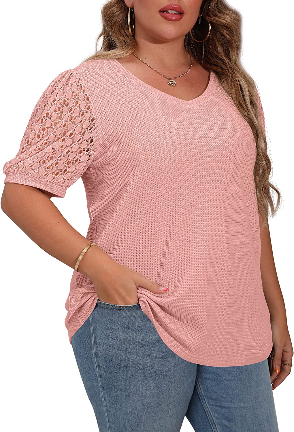 OLRIK Plus Size Tops for Women Lace Sleeve Blouse Waffle Knit Long