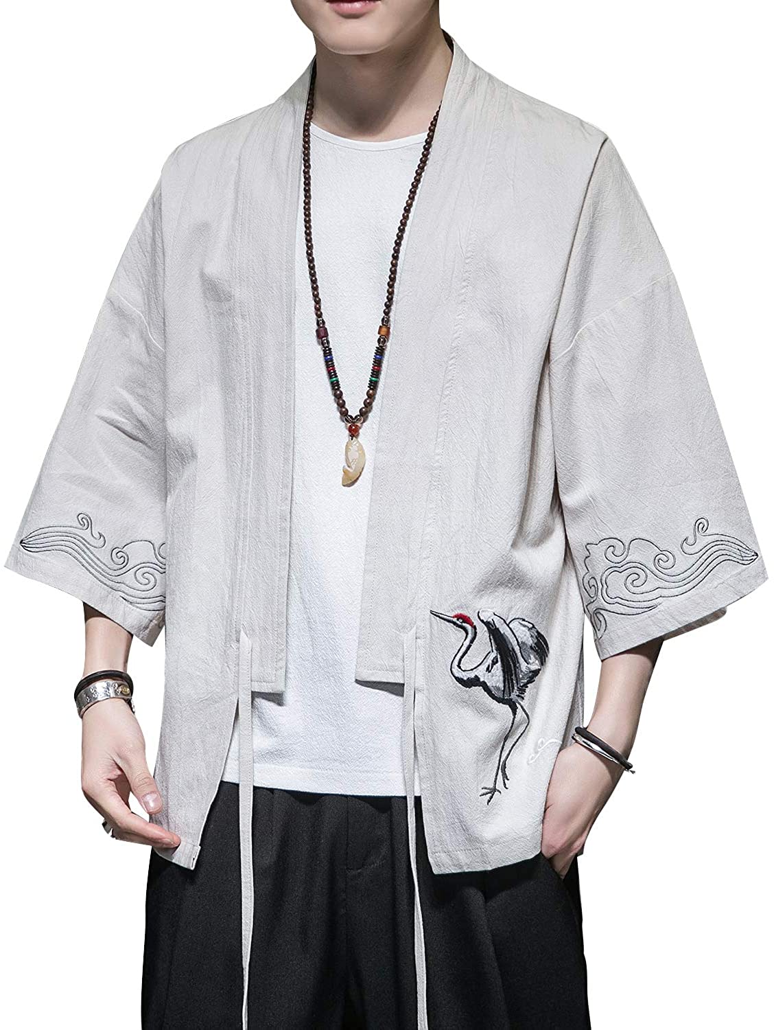 PRIJOUHE Men's Kimono Jackets Cardigan Lightweight Casual Cotton Blends ...