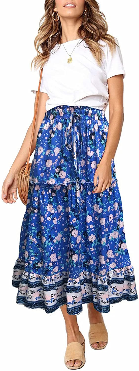SimpleFun Women's Skirts Boho Floral Printed Elastic High Waist A Line Maxi Skirt with Pockets 