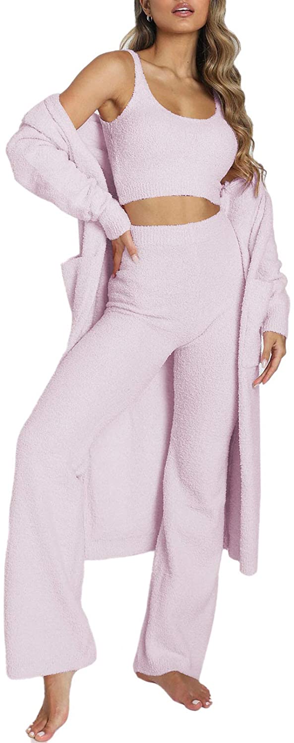Fixmatti Womens Fuzzy 3 Piece Sweatsuit Open Front Cardigan Crop Tank Tops Wide Legs Pants Lounge Sets 