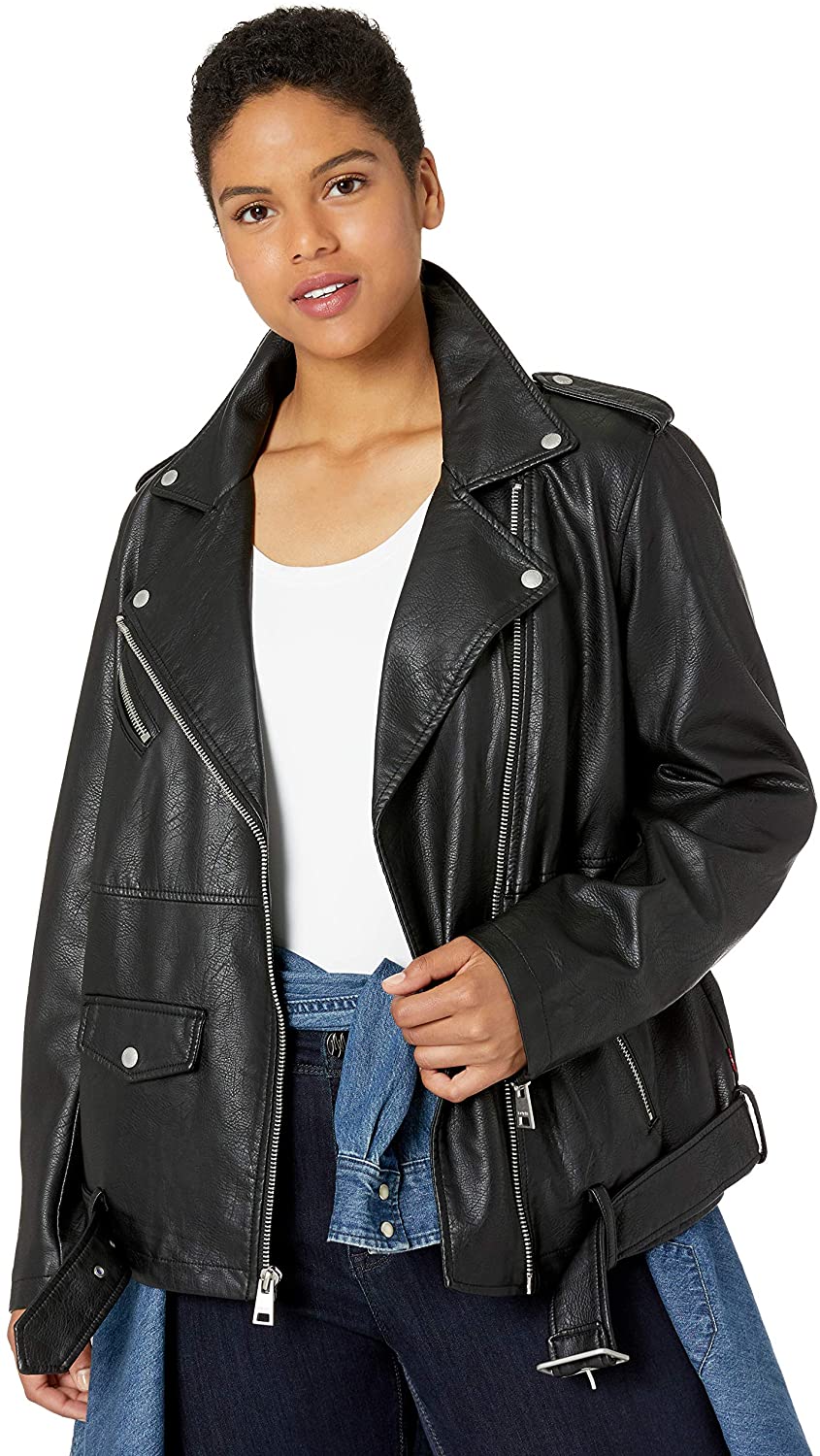 Levi's Women's Faux-Leather Belted Hem Moto Jacket, Black, Xs