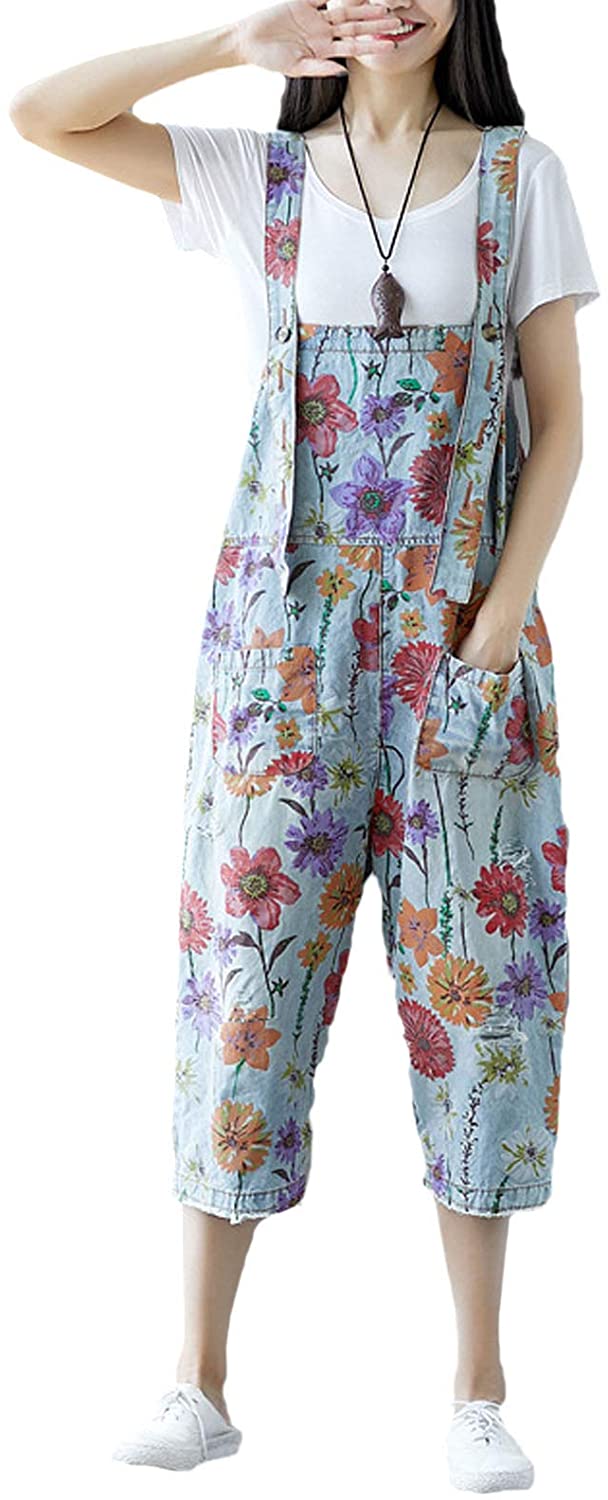Flygo Womens Loose Baggy Cotton Wide Leg Drop Crotch Printed Bib Overalls Jumpsuit Rompers 