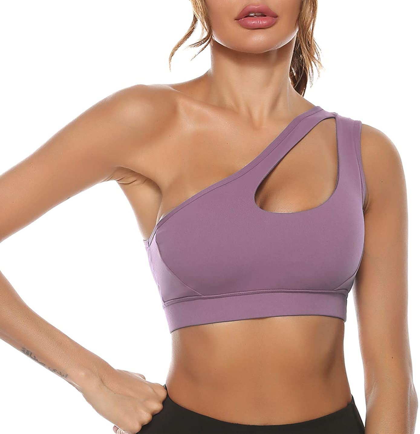 Sykooria Women's One Shoulder Sports Bras Workout Tops Padded Yoga Bra  Medium Support Athletic Bras at  Women's Clothing store
