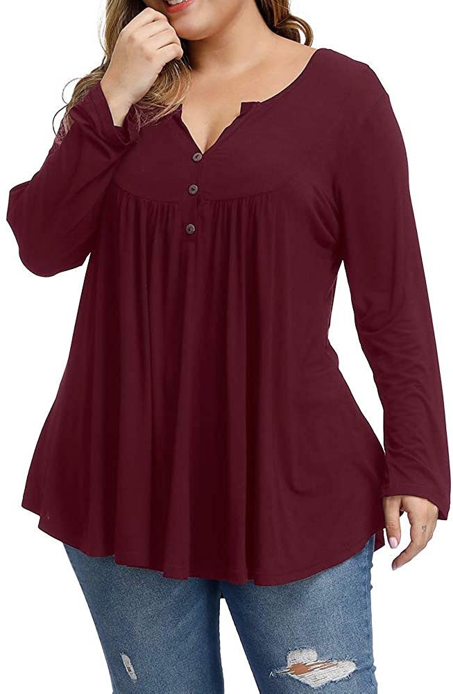Allegrace Women's Plus Size Tunics Button Up Henley V Neck Tops Pleated ...