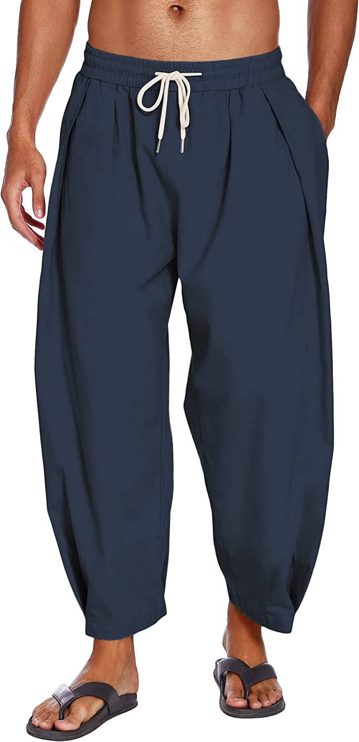 COOFANDY Men's Cotton Linen Pants Causal Drawstring Elastic Waist Harem  Pants Lightweight Bloomer Trousers Loose Yoga Pants : : Clothing