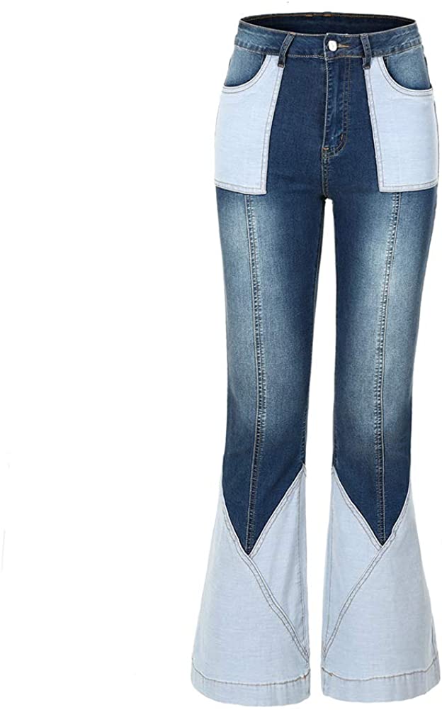 THUNDER STAR Women High Waist Patchwork Jeans Stretchy Denim Pants 