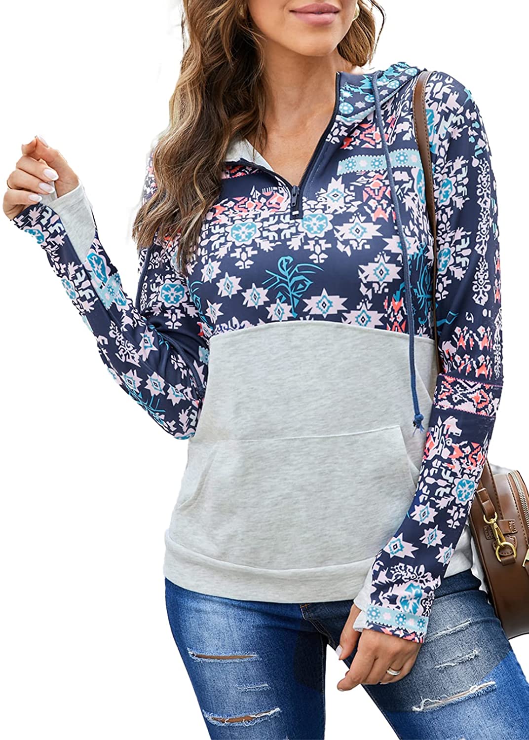 Womens Long Sleeve Color Block Hoodies Floral Casual Sweatshirt Zip Pullover 