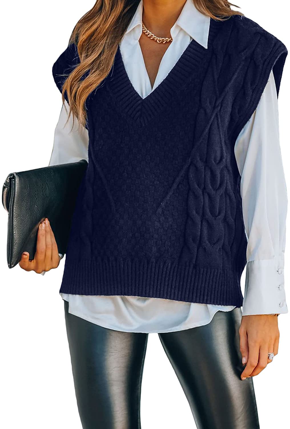 FARYSAYS Women's Sweater Vests V Neck Sleeveless Casual Oversized Knit Sweater Vest Pullover Tops