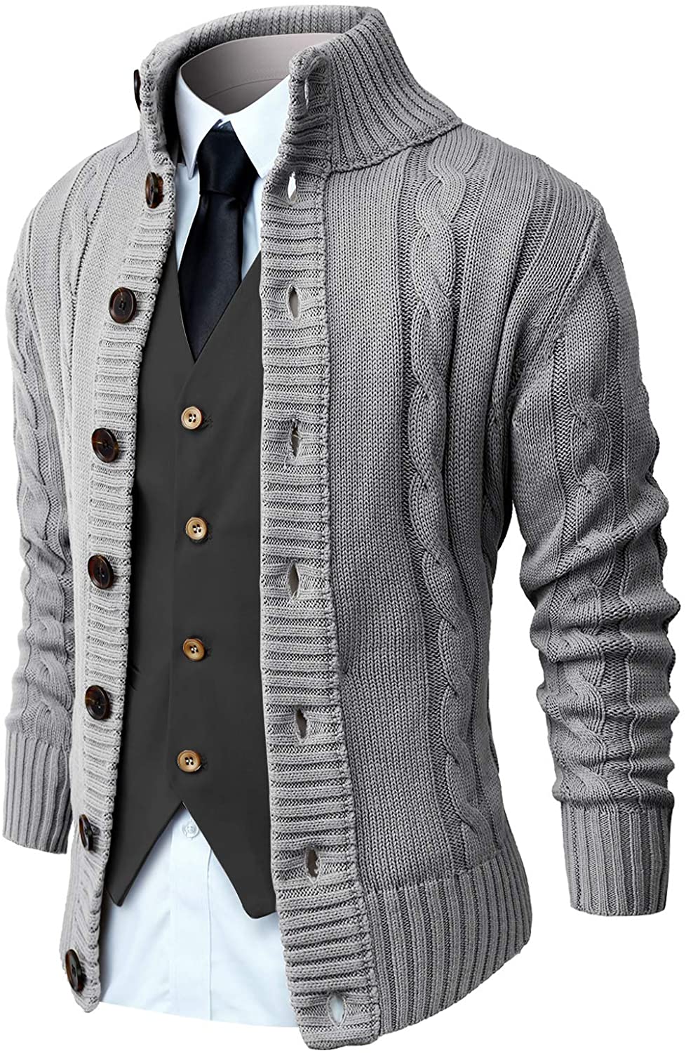 SELX Men Plus Size Button Down Knit Long Sleeve Stand Collar Sweaters Cardigan