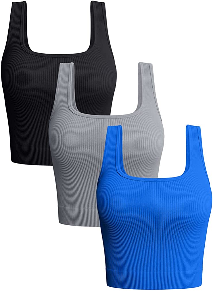 OQQ Women's 3 Piece Tank Tops Ribbed Seamless Workout Exercise Shirts Yoga  Crop