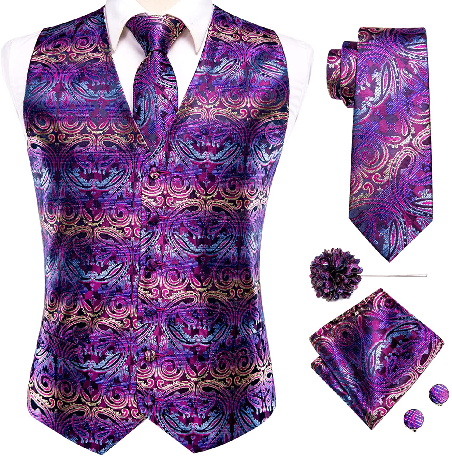 Hi-Tie 5PCS Vest Necktie Handkerchief Cufflinks Lapel Pin Set Jacquard Silk  Formal Dress Vest Suit Set for Tuxedo S-3XL