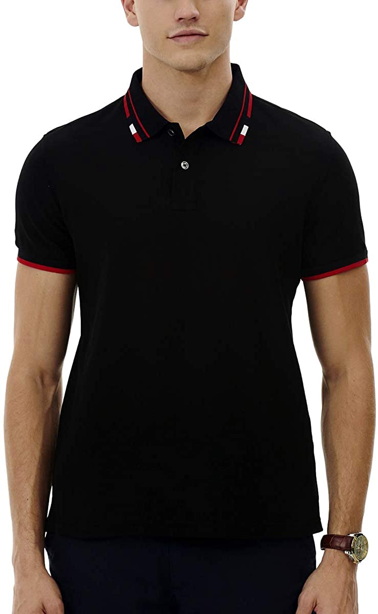 Mens Mesh Striped Collar Short Sleeve Classic Fit Cotton Twin Tipped Polo Shirt