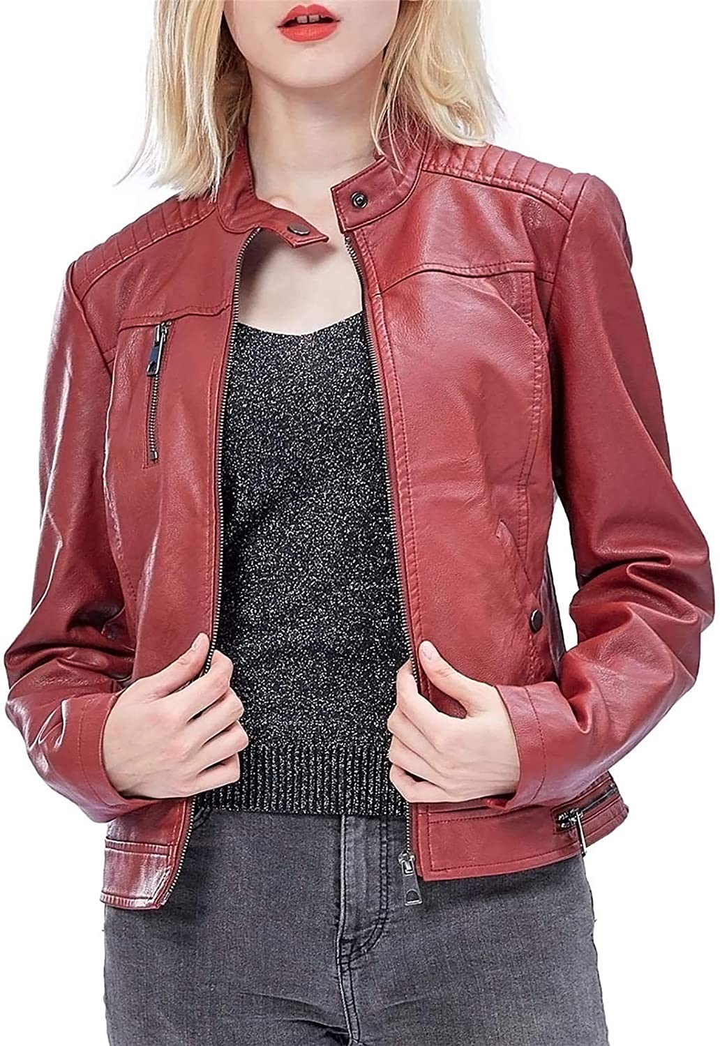 Fahsyee Women's Faux Leather Jackets, Zip Up Motorcycle Short PU Moto Biker Outwear Fitted Slim Coat