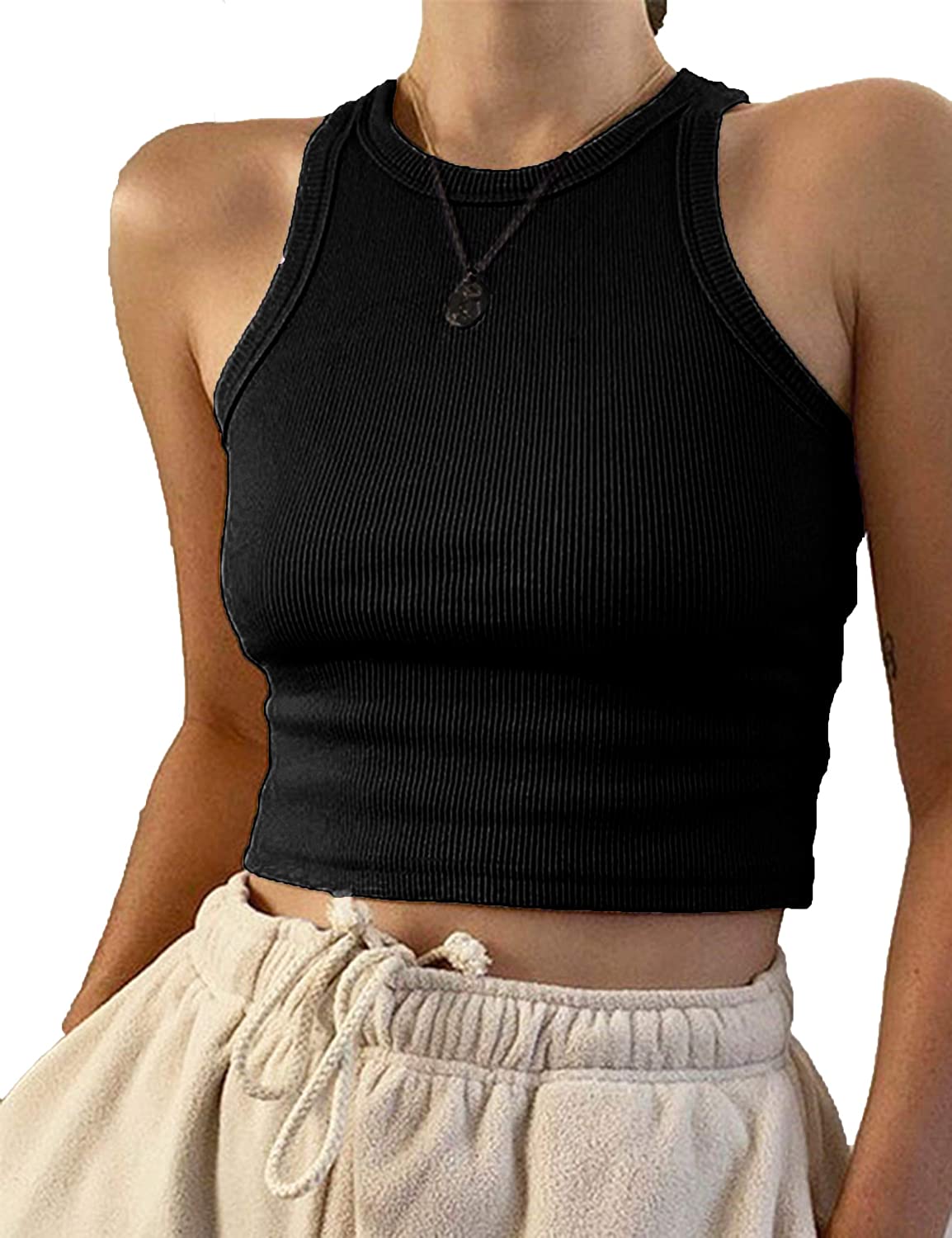 MISSACTIVER Women Graphic Print Ribbed Knit Crop Tank Top Round Neck  Sleeveless Slim Fitness Basic Crop Sport Vest, Dark Grey, Large :  : Clothing, Shoes & Accessories