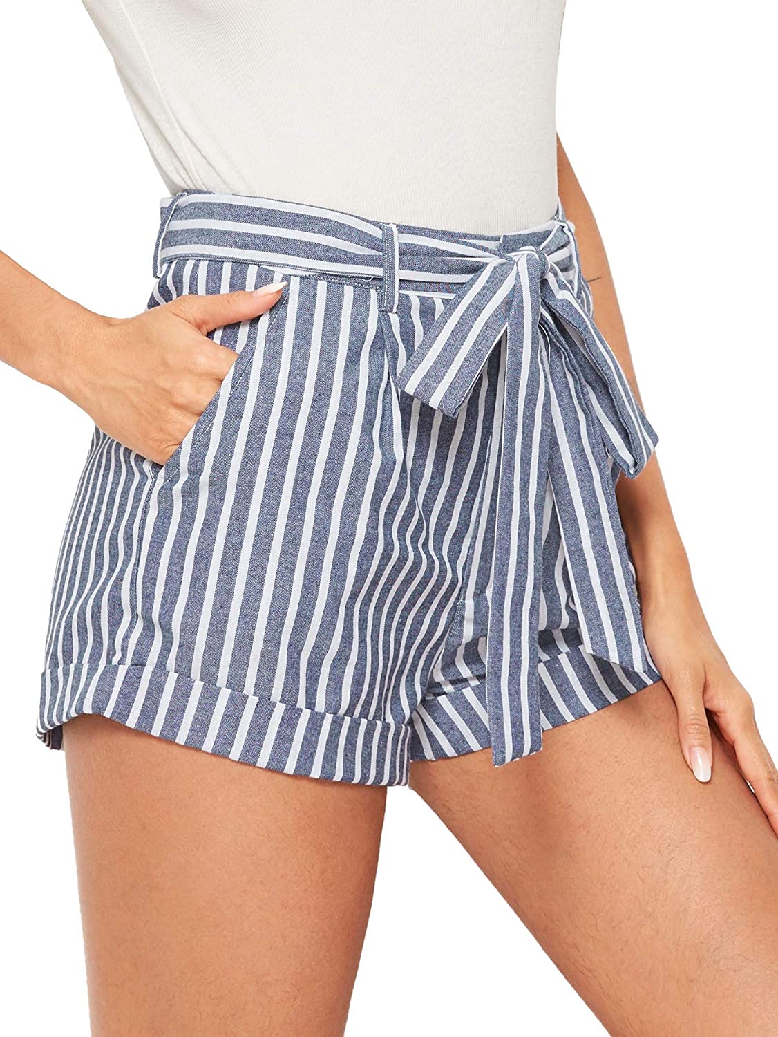 SweatyRocks Womens Casual Elastic Waist Striped Summer Beach Shorts with Pockets 