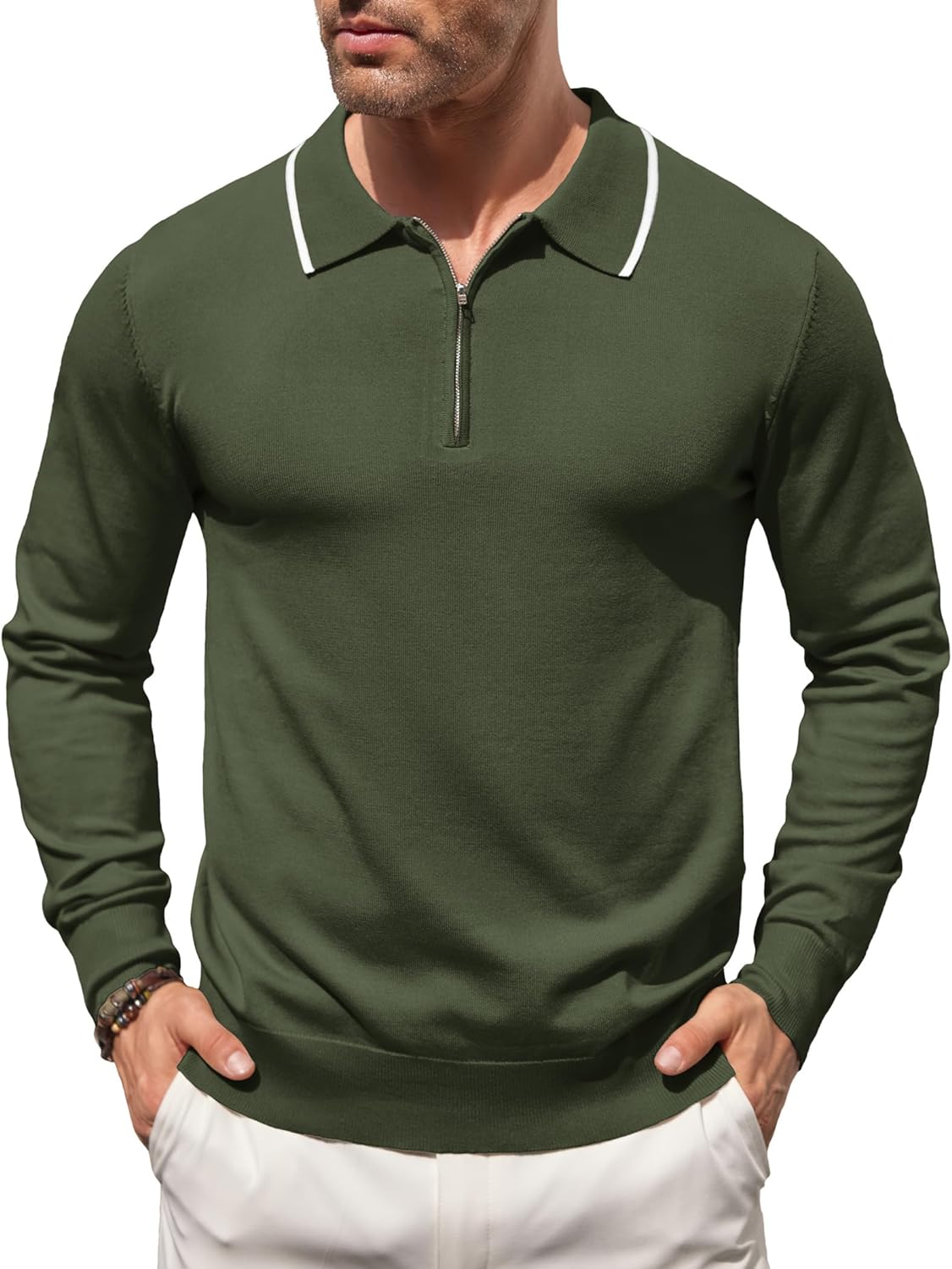COOFANDY Men's Long Sleeve Polo Shirt 3 Button Up Knit Sweater