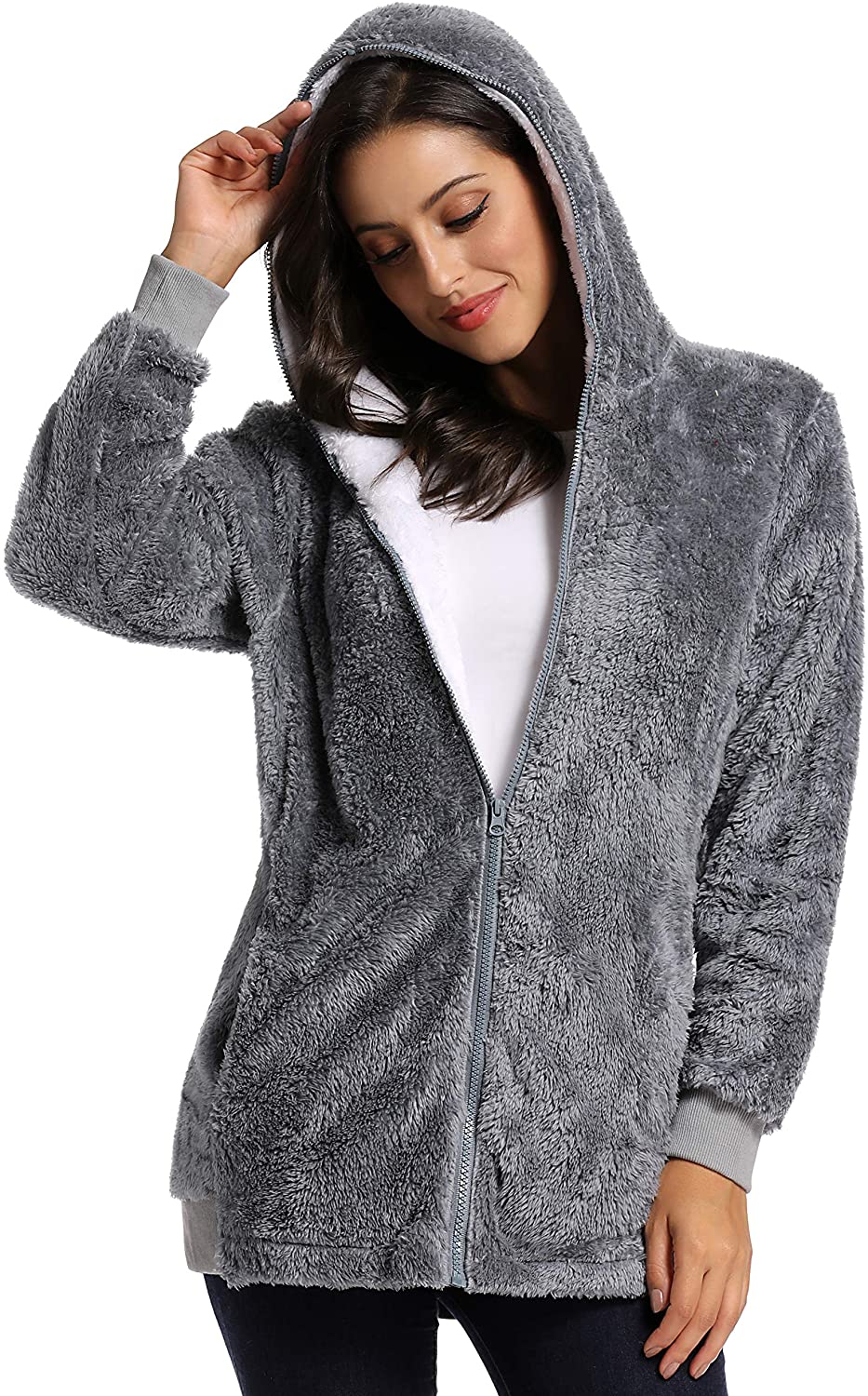 Caissip Fleece Coat for Women,Women's Oversized Zip Up Hooded Jacket ...