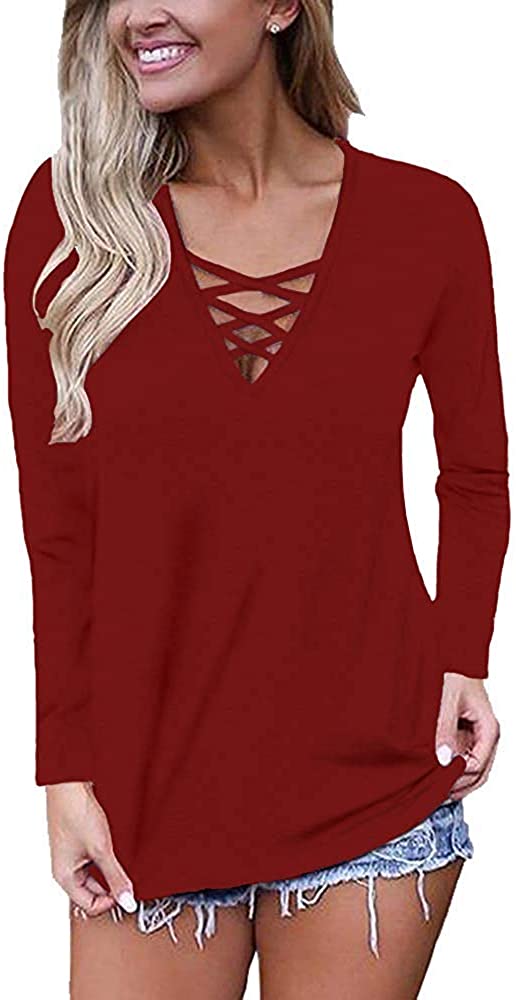 WNEEDU Women's Casual Long Sleeve T-Shirt Criss Cross V-Neck Basic Tees  Tops