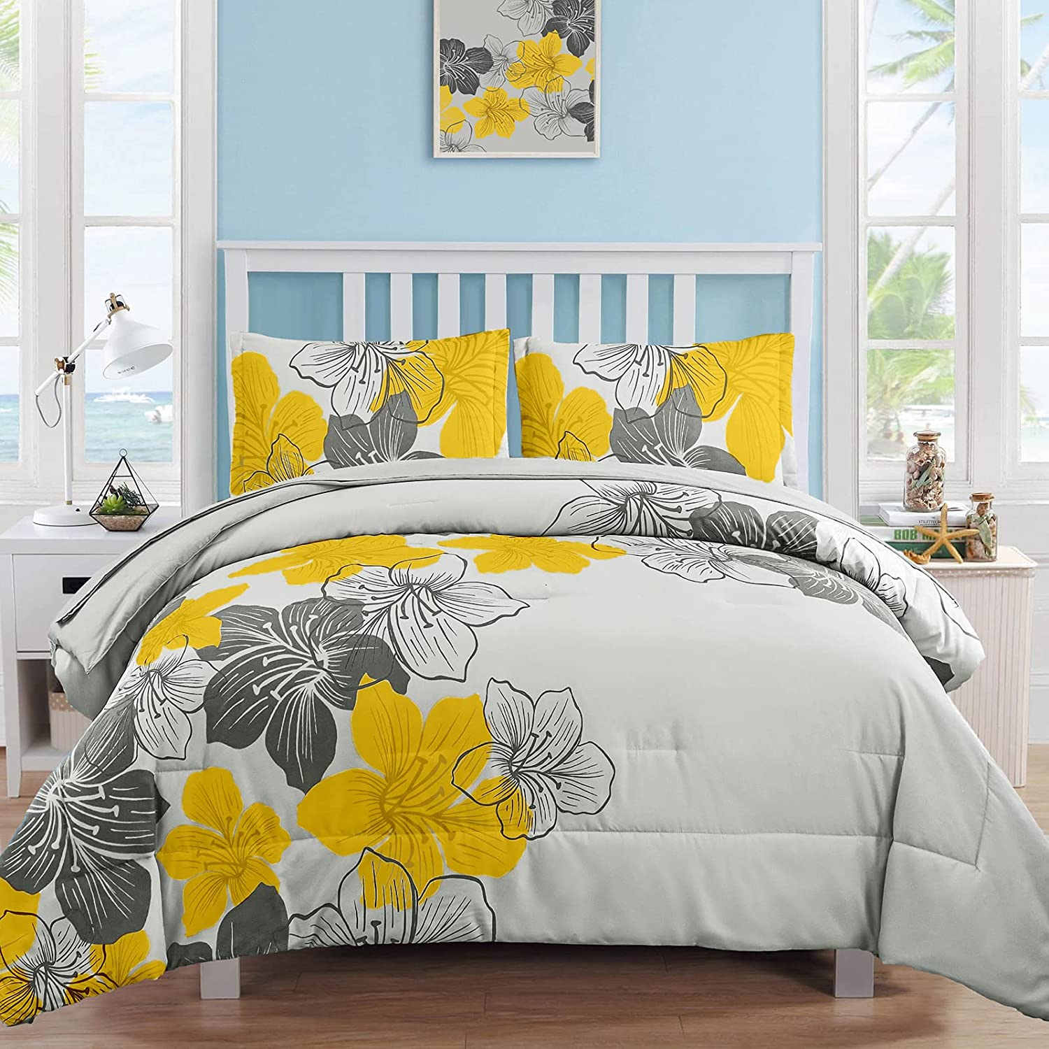 Luxudecor Floral Comforter Set King Size 7 Piece, Purple Flower Bed in a  Bag, Elegant Floral Comforter with Sheet Set, Soft Microfiber Bedding Set  for