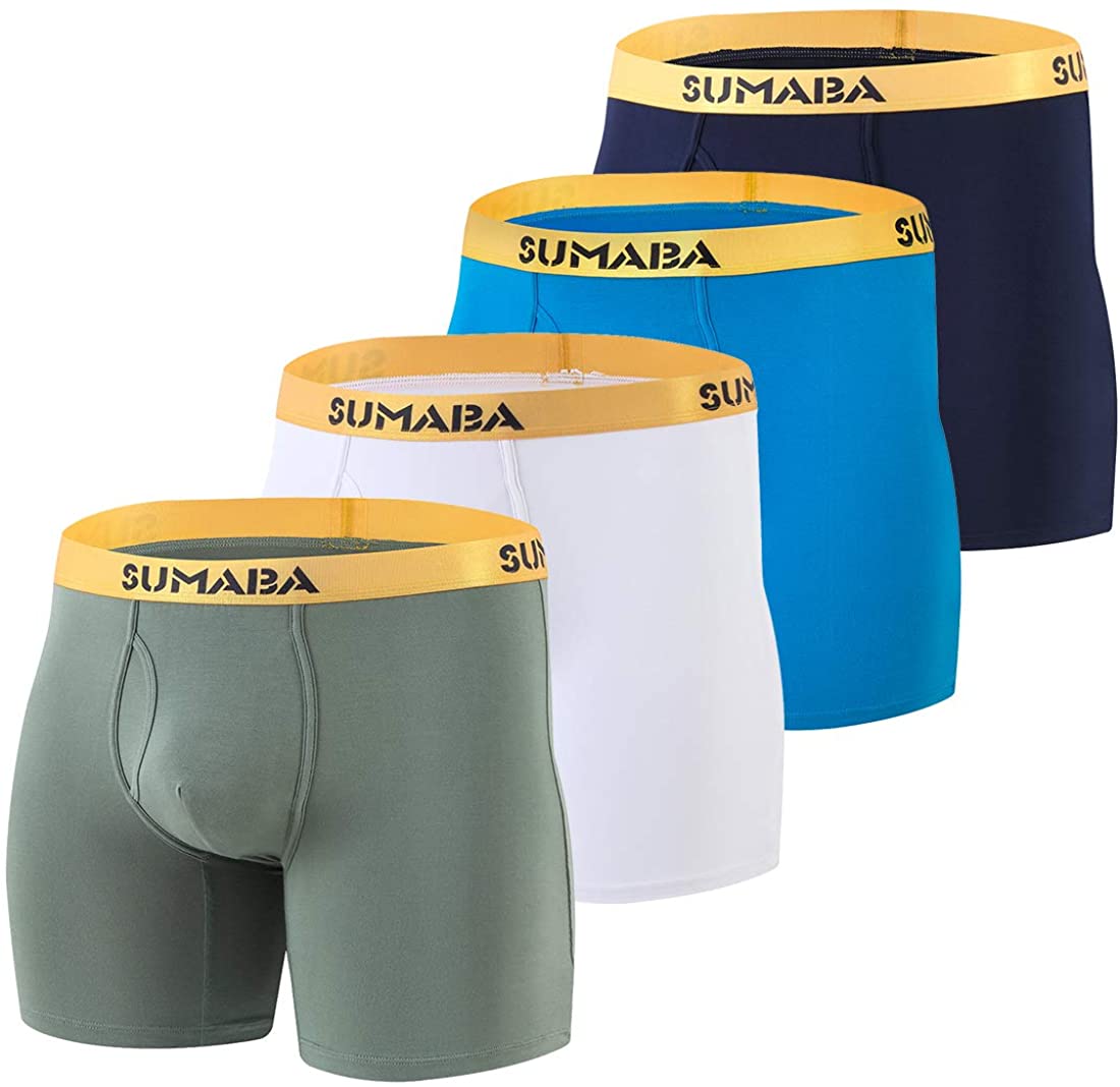 SUMABA Mens Underwear Boxer Briefs Long Leg Fly with Pouch Bamboo Underpants for Men Breathable 