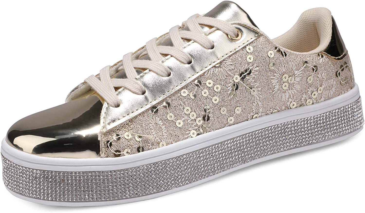 UUBARIS Women's Glitter Tennis Sneakers Floral Dressy Sparkly