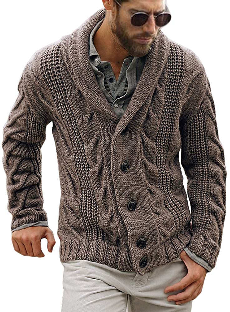 Mens Cable Knit Cardigan Sweater Shawl Collar Loose Fit Long 