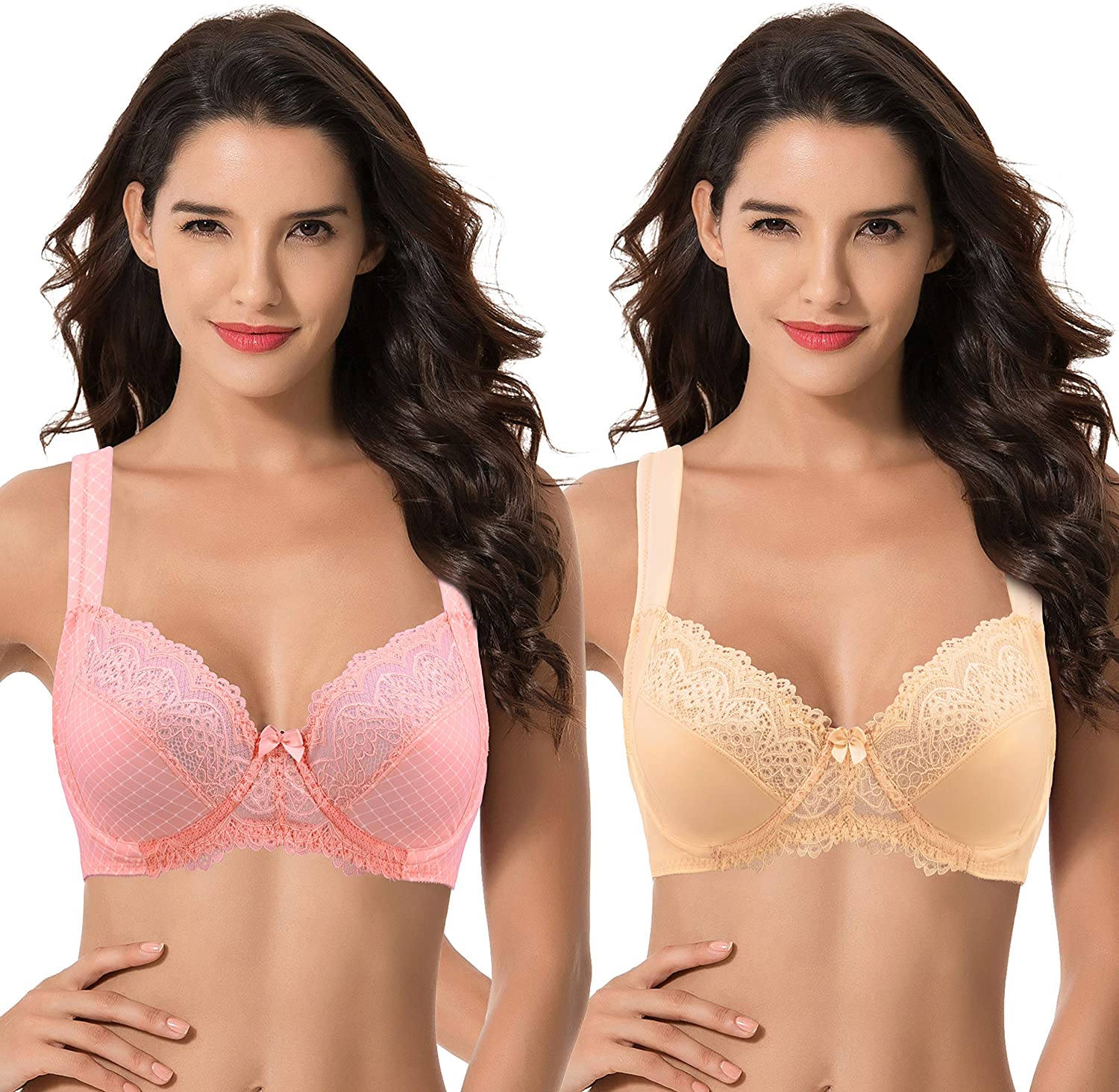 Curve Muse Plus Size Unlined Underwire Lace Bra with Padded Shoulder  Straps-2PK