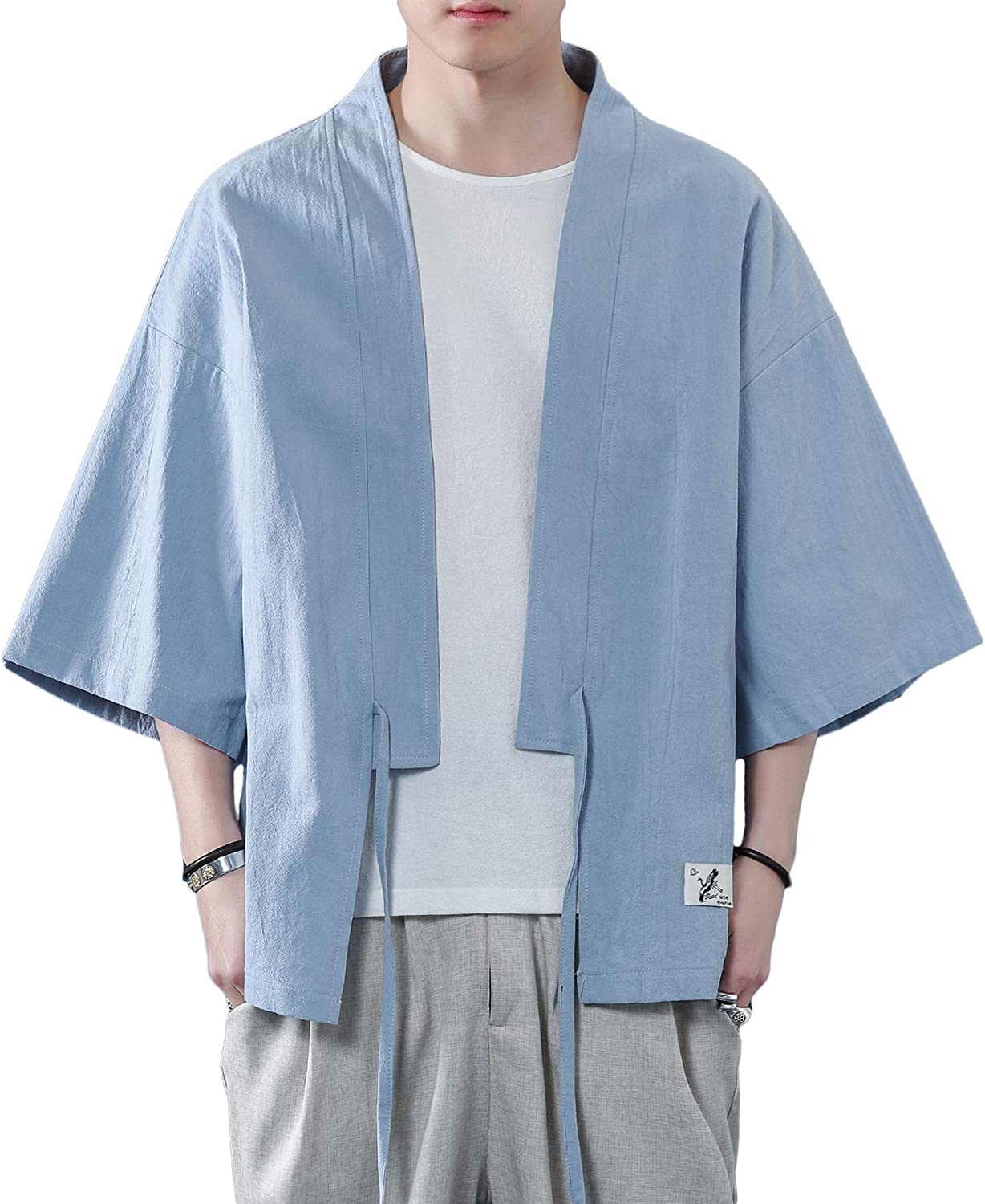 DOSLAVIDA Men's Kimono Cardigan Jackets Casual Cotton Linen Open Front Japanese Yukata Lightweight Seven Sleeves Coat 