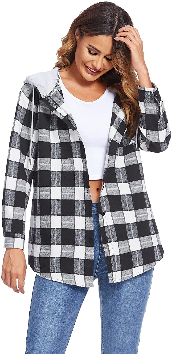 Hotouch Womens Flannel Shirts Plaid Hoodie Jacket Long Sleeve Button Down  Blouse | eBay