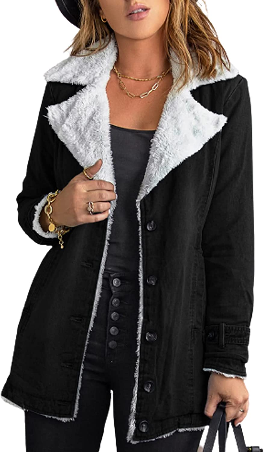 Happy Sailed Women's Lapel Sherpa Fleece Lined Denim Jacket Winter Button Down Warm Coat Outerwear S-2XL 