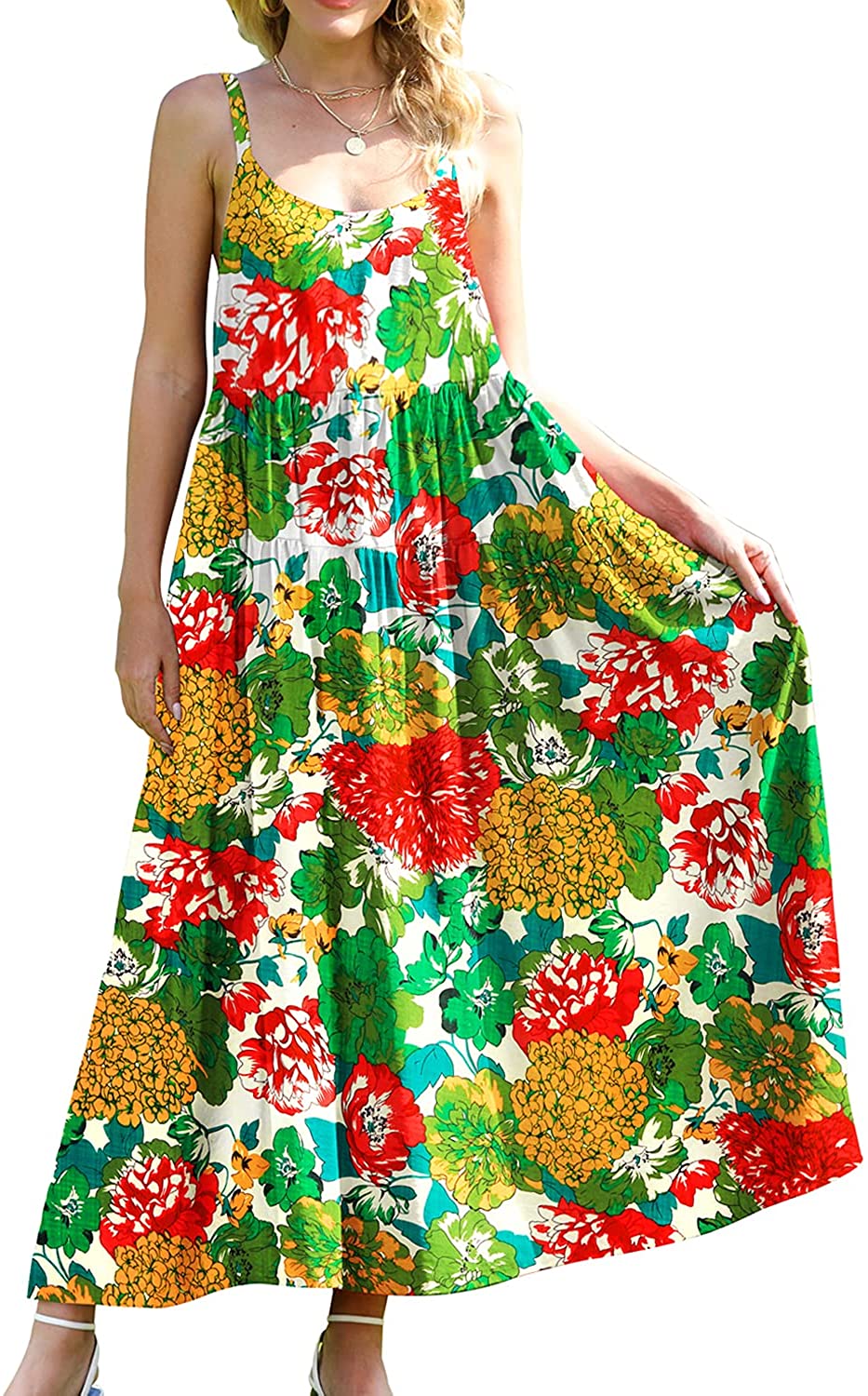 UK Womens Bohemia Floral Printed Round Neck Long Dress Casual Loose Maxi Dresses