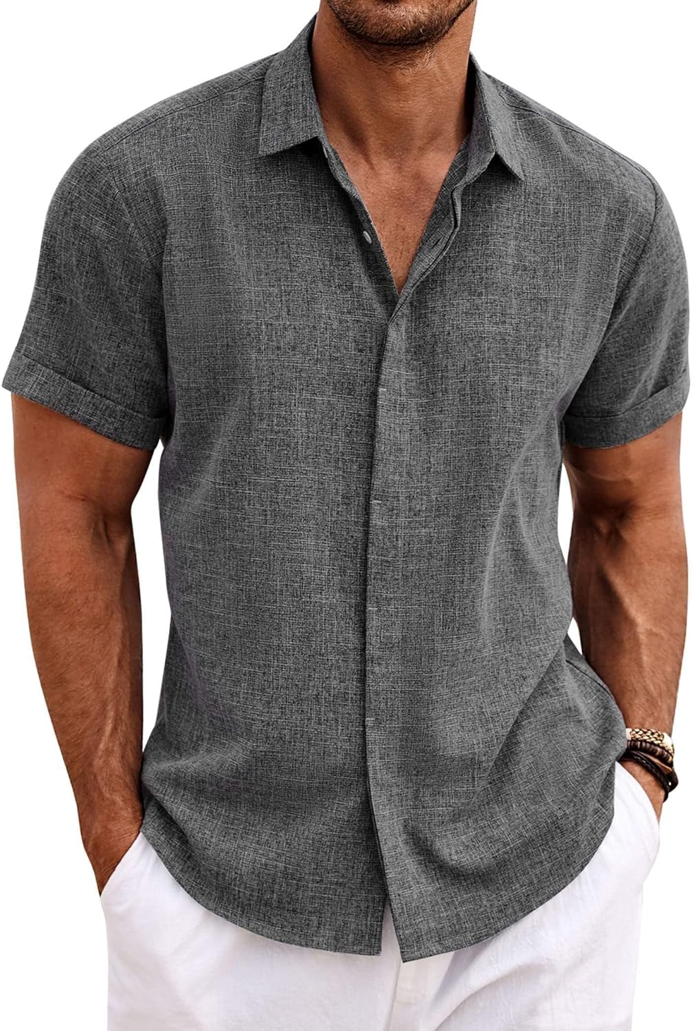 COOFANDY Men's Linen Shirts Short Sleeve Casual Shirts Button Down Shirt  for Men