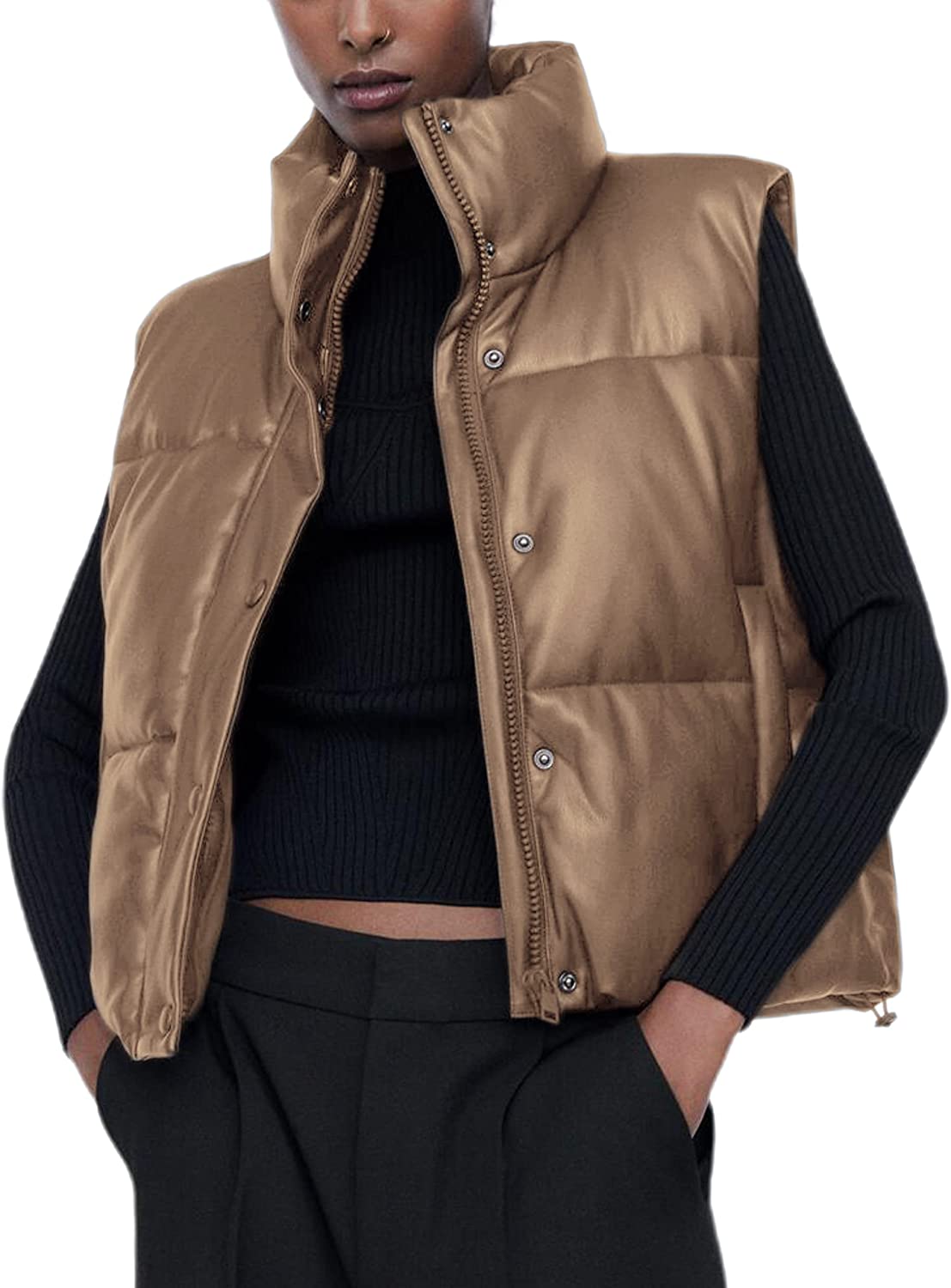 Ailoqing Womens Faux Leather Puffer Vest Zip Up Sleeveless Winter Cropped  Jacket(#2Black-Cropped, XS) at  Women's Coats Shop