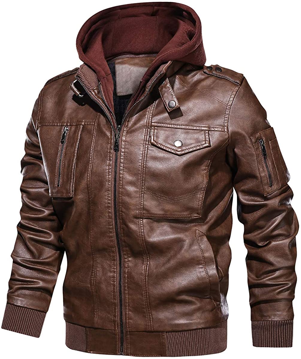 MANSDOUR Men's Faux Leather Jacket Warm Black Motorcycle Bomber Jacket with  Removable Hood