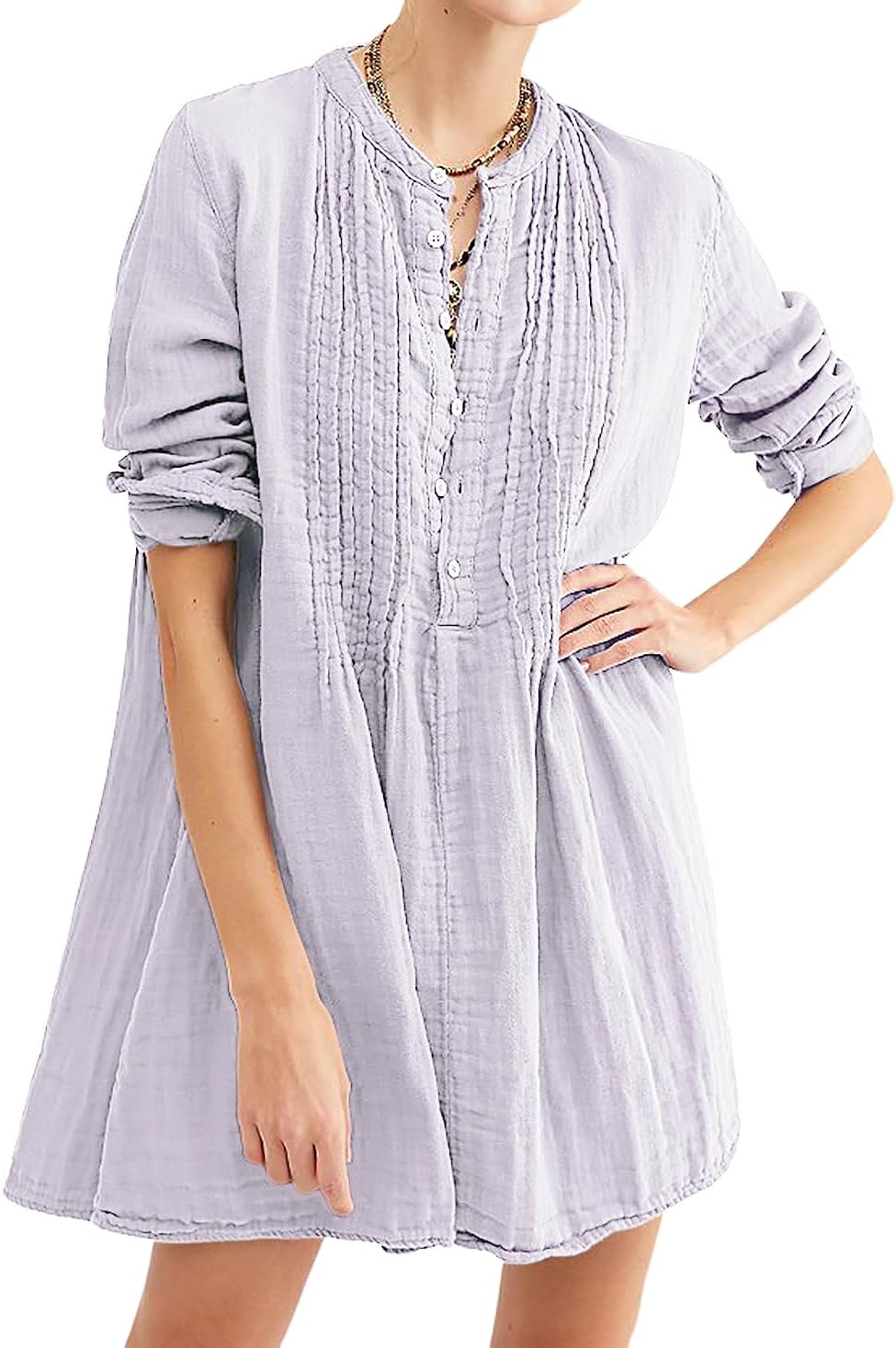 R.Vivimos Women's Tunic Dress Fall Linen Button Down Long Sleeves Casual  Mini Sh