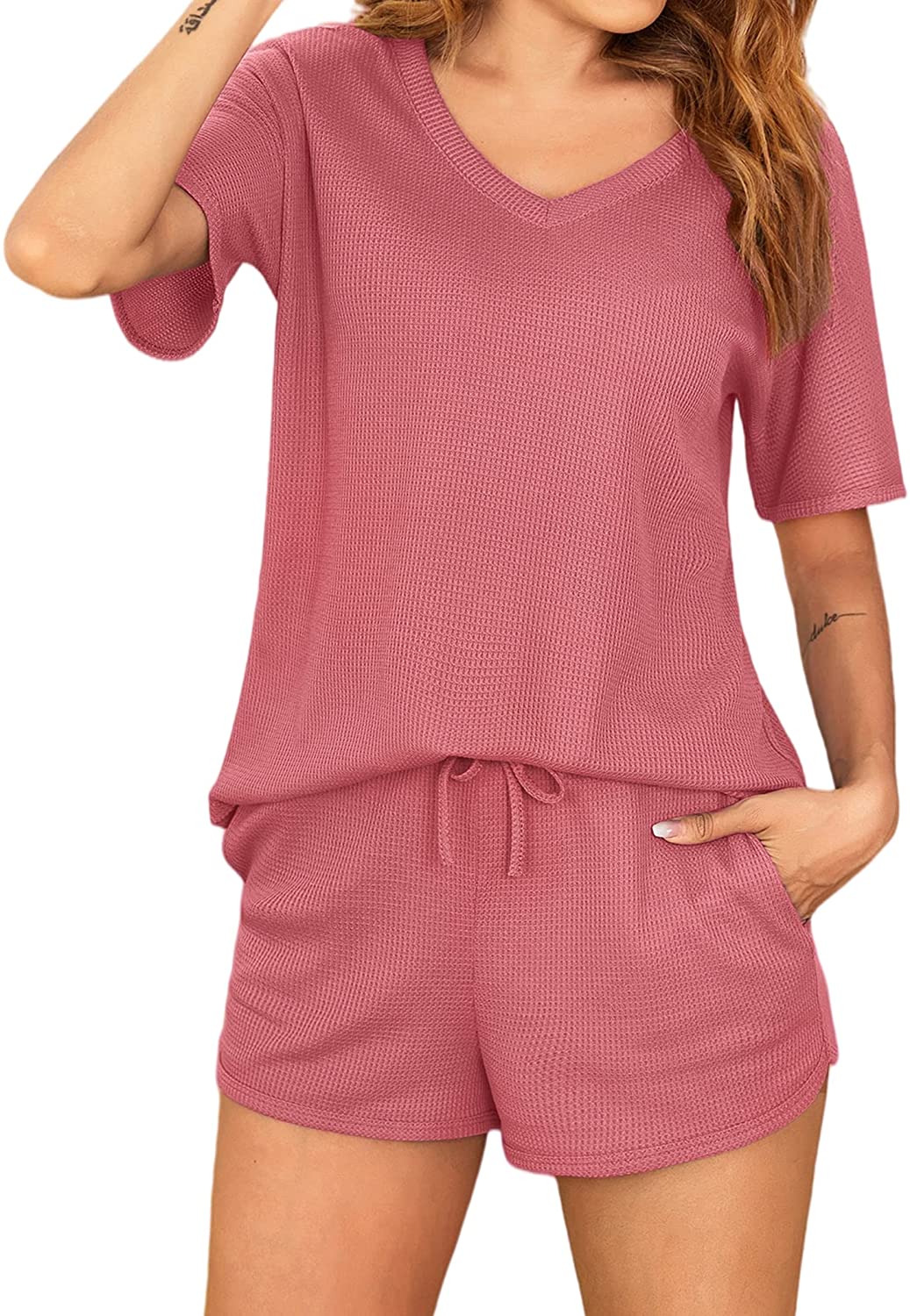 Ekouaer Womens Pajama Sets Waffle Knit 2 Piece Pj Set Short Sleeve