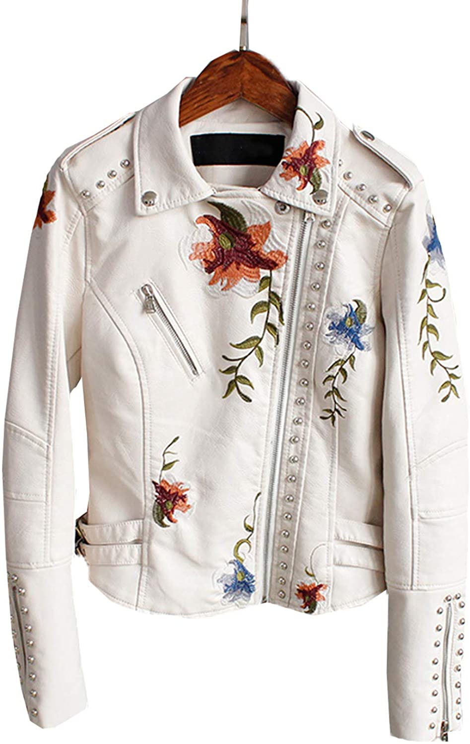 LY VAREY LIN Women's Floral Embroidered Faux Leather Moto PU Jacket Coat