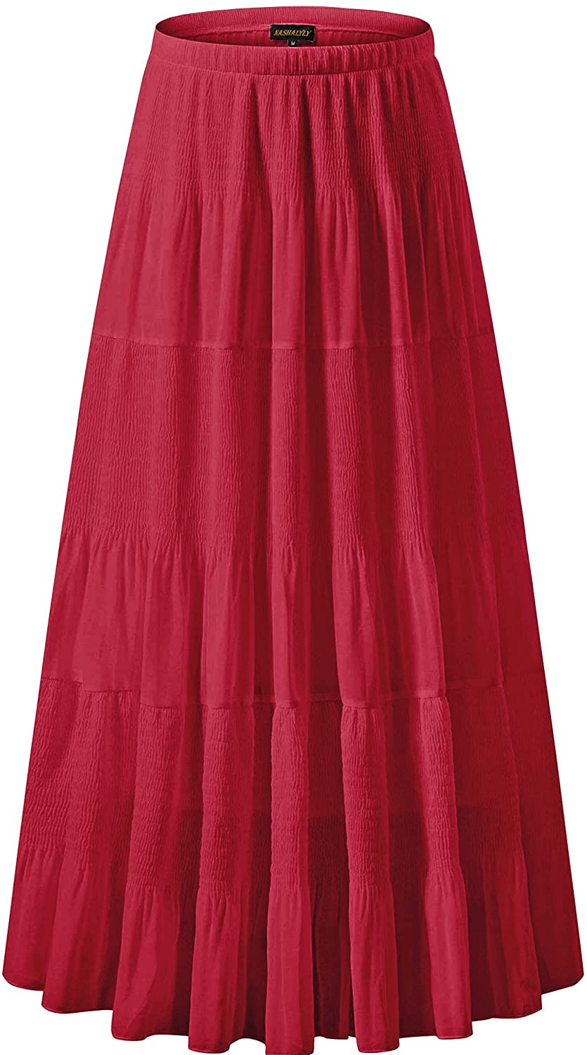 NASHALYLY Women's Chiffon Elastic High Waist Pleated A-Line Flared Maxi  Skirts