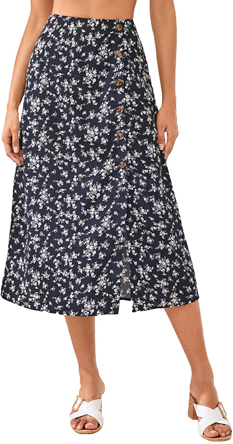 Shoes & Jewelry SheIn Women's Polka Dot A-Line Button Side Split Midi Knee Length Skirt Clothing