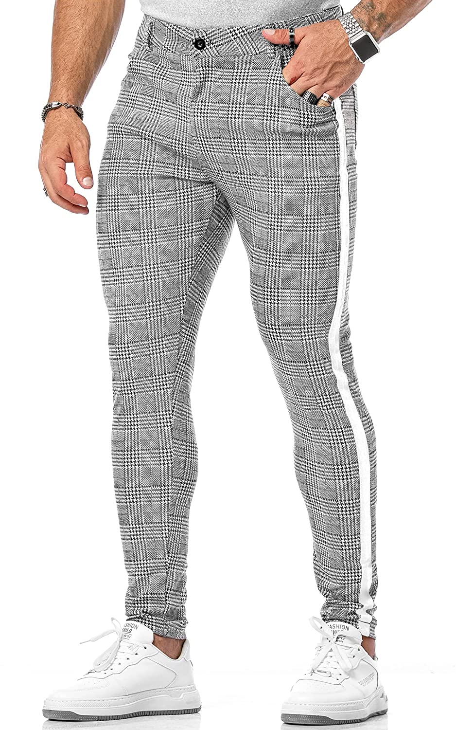Mens Plaid Pants Slim Tapered Fit Casual Stretch Flat-Front Expandable  Waist Che